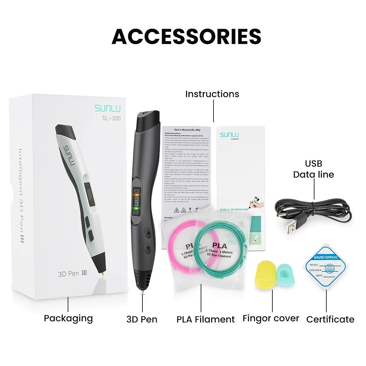 SUNLU 3D Printing Pen SL-300 Suitable for ABS/PLA 1.75mm Filament 8 Digital Speed Control Smart 3D Printer Pencil for DIY Gift