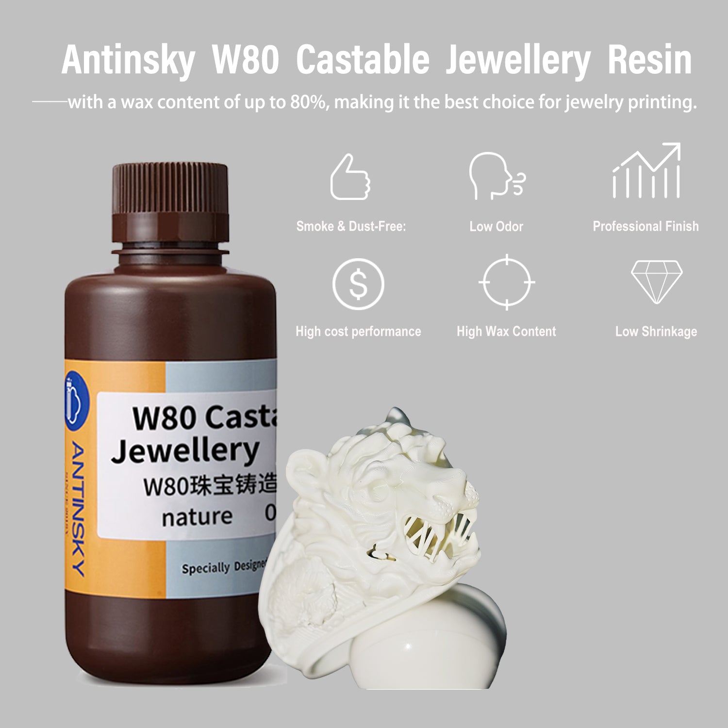 Antinsky W80 Castable Jewellery Resin for DLP LCD UV-Curing 405nm Resin 3D Printer High Wax 80% Easy to Print Use and Burn High Resolution Making jewelries and Metal Parts Black 0.5KG