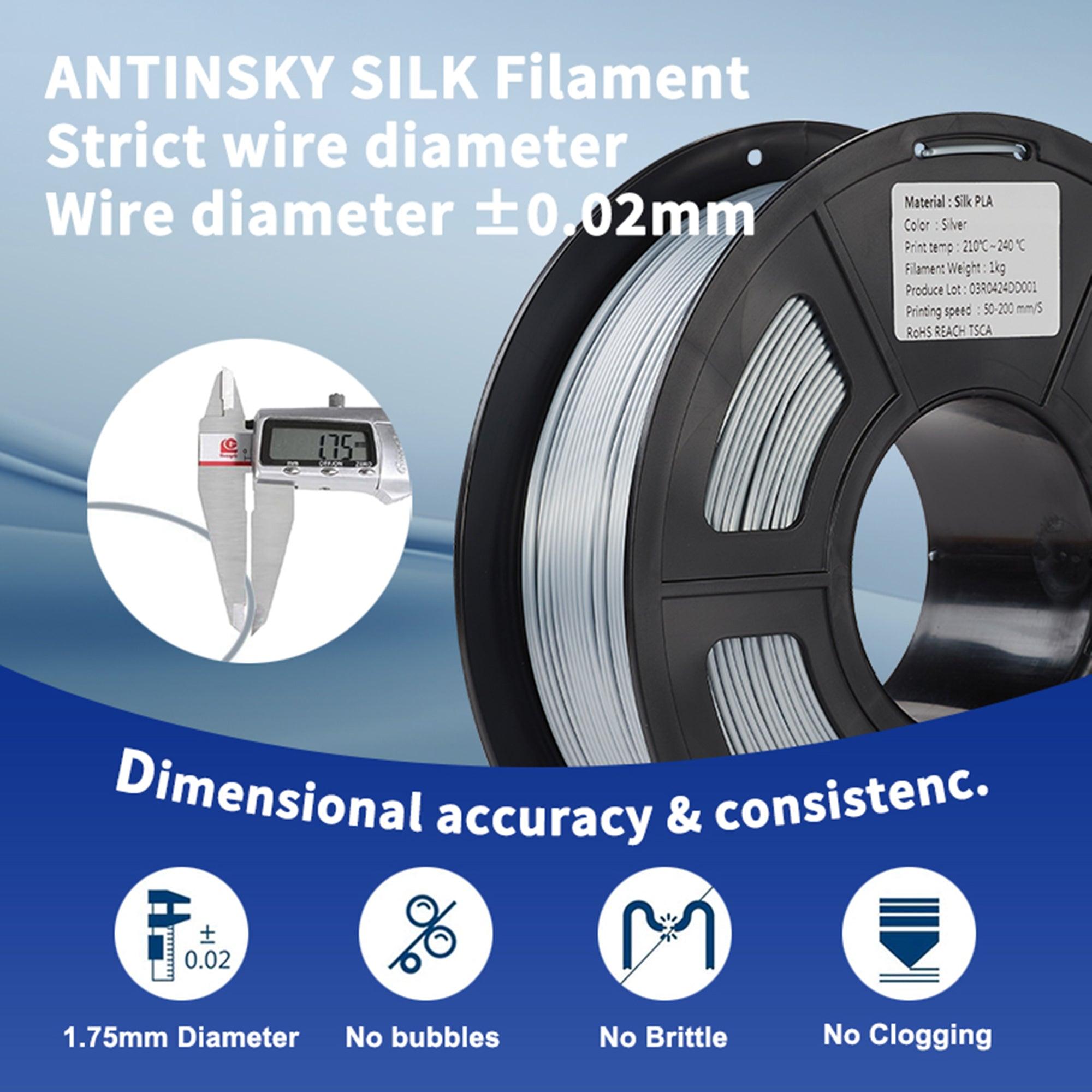 Antinsky Silk PLA Filament 1.75mm 3D Printer Filament Dimensional Accuracy +/- 0.02mm, Smooth Silky Surface 1kg Spool(2.2lbs) 3D Printing Filament Fits for Most FDM 3D Printers Support Bambu Lab AMS Lite