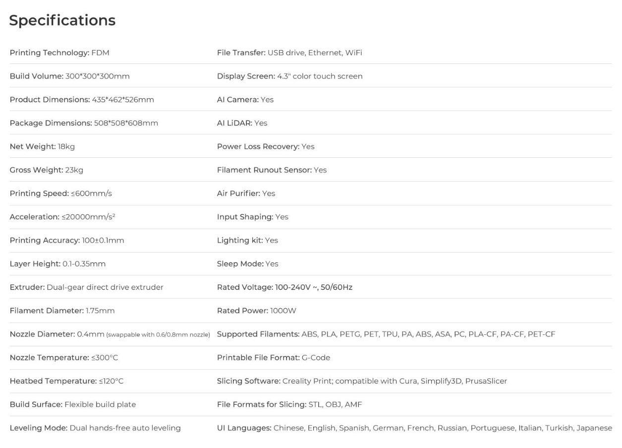 CREALITY K1 High Speed 3D Printer Print Speed 600mm/s Print Volume 220*220*250mm - Antinsky3d