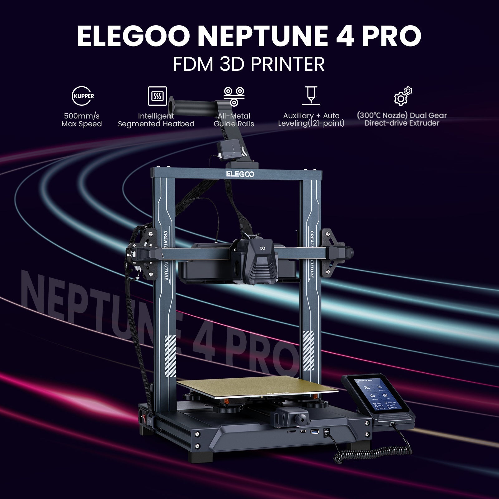 ELEGOO Neptune 4 Pro 3D Printer, 500mm/s High Speed FDM Printer with  Klipper Firmware, Auto Leveling and Direct Drive Extruder, Easy Assembly