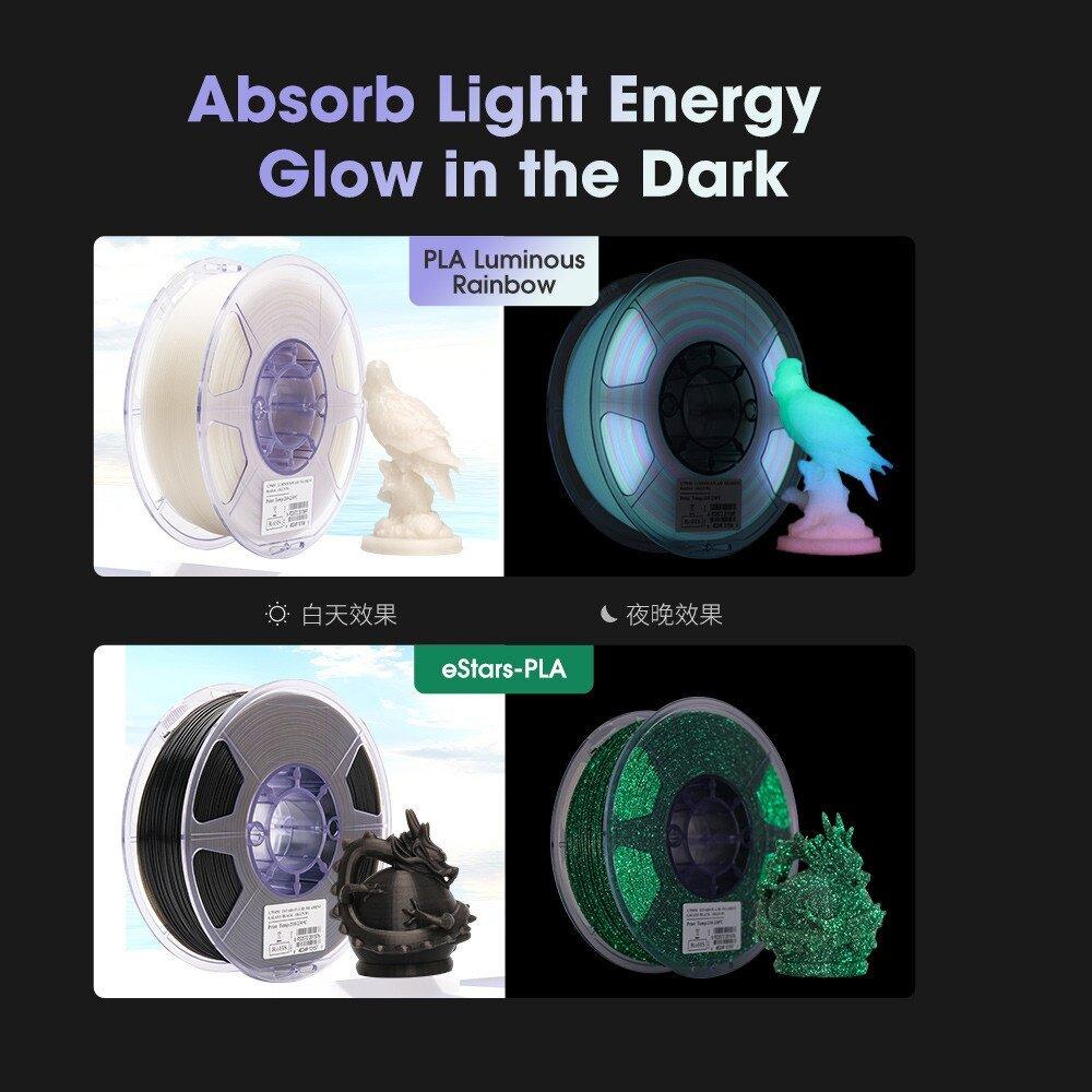 eSUN PLA Luminous-Rainbow eStars-PLA Filament 1.75mm 1KG Spool Glow in the Dark Pla Luminous 3D Printing Filament for 3D Printer - Antinsky3d