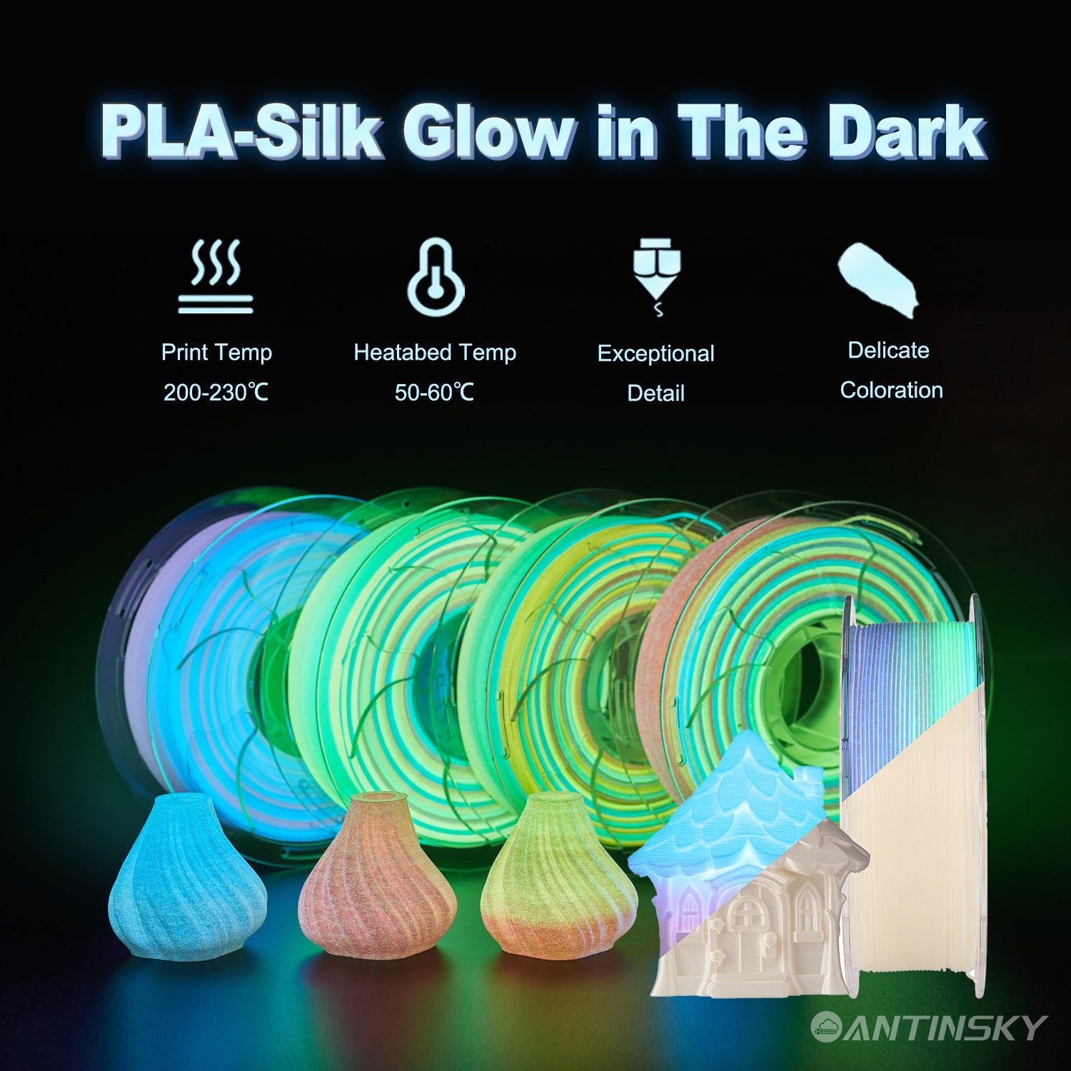 ANTINSKY PLA Silk Luminous 3D Filament 1.75mm Glow in The Dark 1kg Spool (2.2lbs), Dimensional Accuracy +/- 0.02 mm, Brilliant, Long-Lasting Glow, Fit Most 3D Printers
