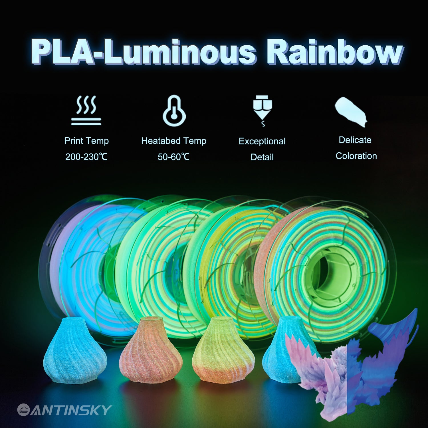 ANTINSKY PLA 3D Filament Luminous Rainbow