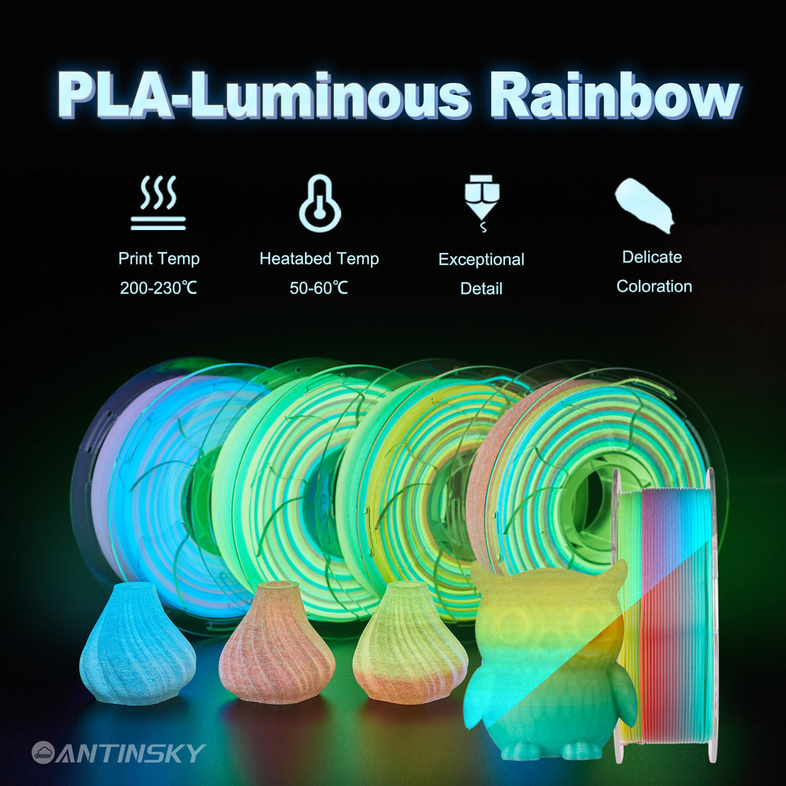 ANTINSKY PLA Luminous Multicolored 3D Filament 1.75mm 1kg