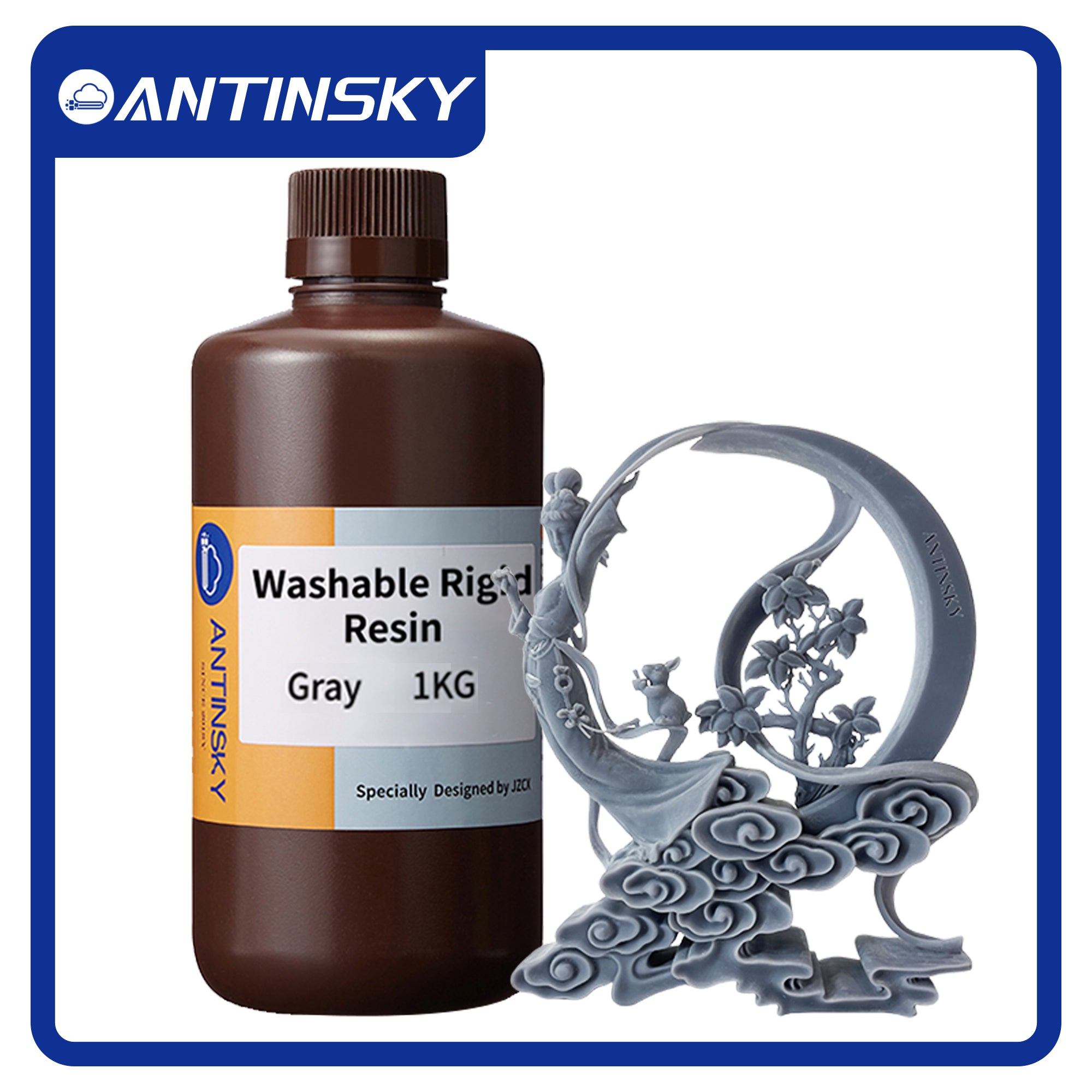 Antinsky Washable Rigid 8k Photopolymer Resin for DLP LCD Resin 3D Printer 405nm High Precision Low Shrinkage High Speed Curing High Strength Easy to Clean High Accuracy Light Gray 1kg