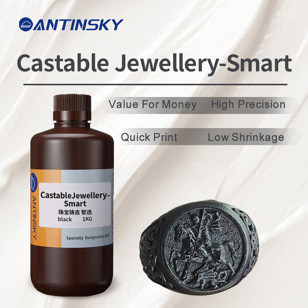 Antinsky Castable Jewellery Smart Resin for DLP LCD UV-Curing 405nm Resin 3D Printer High Wax 75% Easy to Print Use and Burn High Resolution Making jewelries and Metal Parts Black 1KG