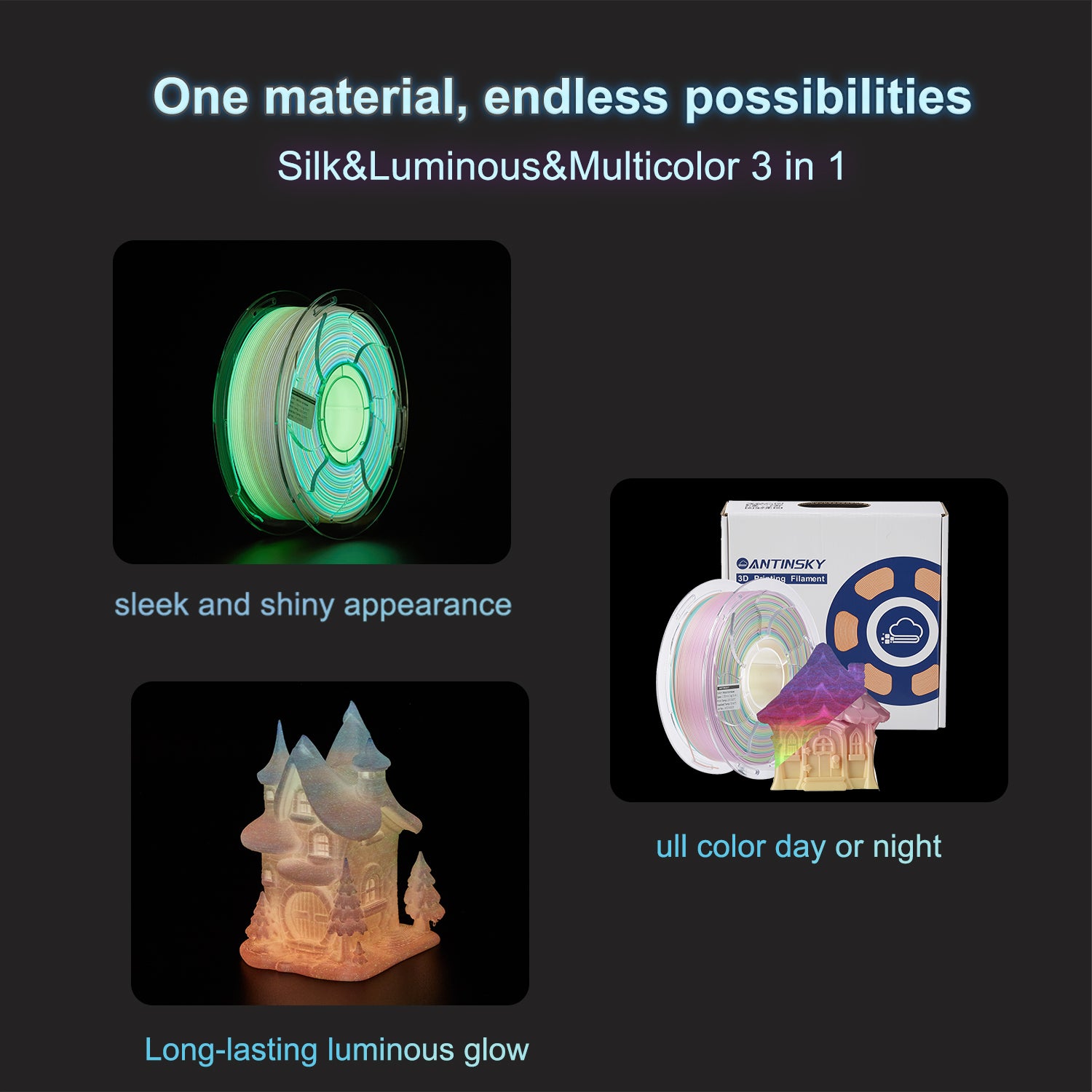 ANTINSKY PLA Silk Luminous 3D Filament 1.75mm Glow in The Dark 1kg Spool (2.2lbs), Dimensional Accuracy +/- 0.02 mm, Brilliant, Long-Lasting Glow, Fit Most 3D Printers