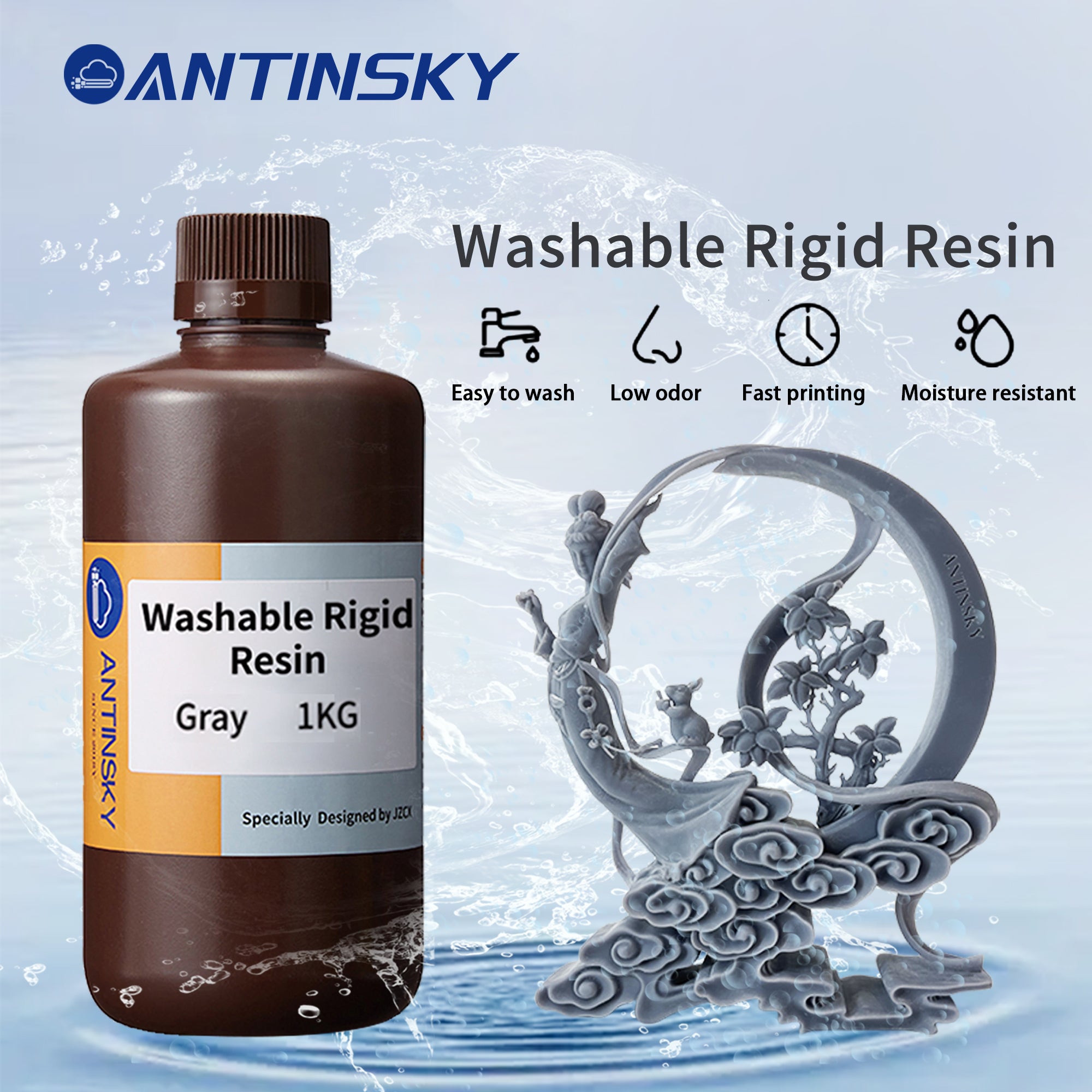 Antinsky Washable Rigid 8k Photopolymer Resin for DLP LCD Resin 3D Printer 405nm High Precision Low Shrinkage High Speed Curing High Strength Easy to Clean High Accuracy Light Gray 1kg