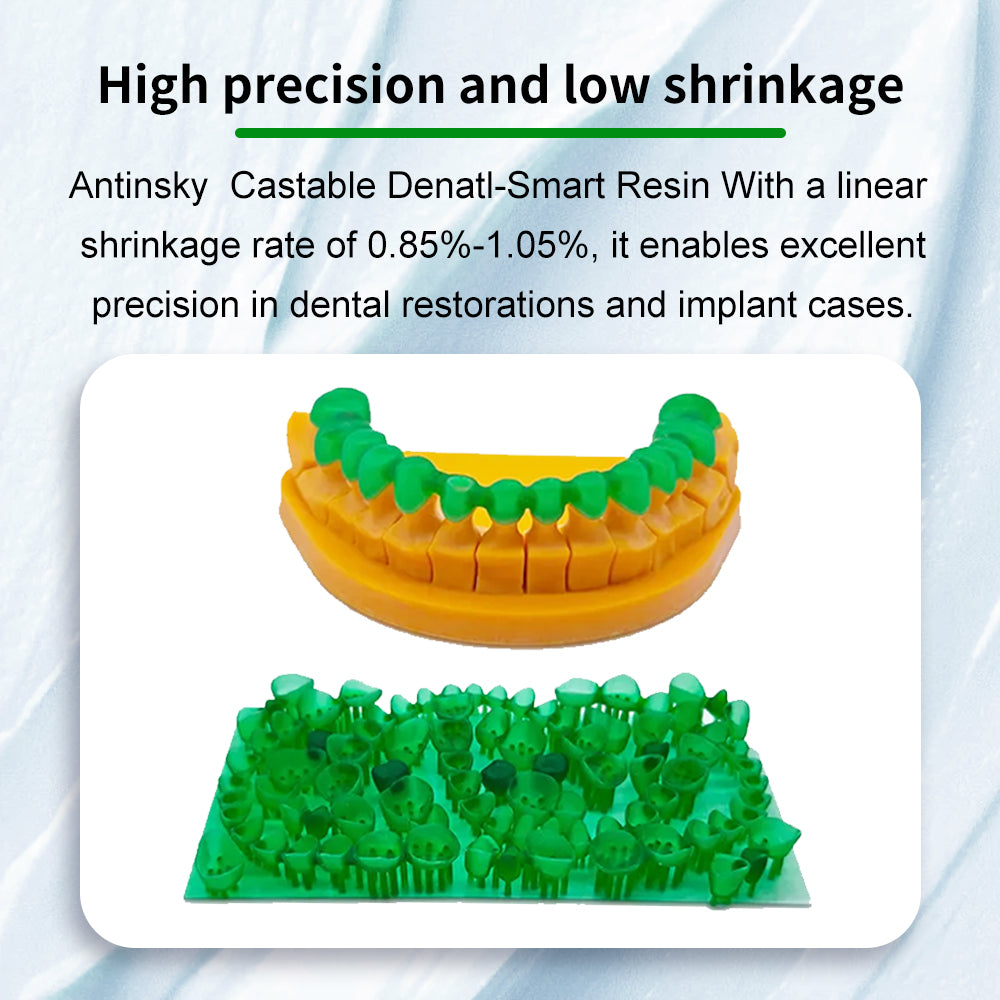 Antinsky Castable Dental Smart Resin for DLP LCD UV-Curing 405nm Resin 3D Printer Ultra Low Shrinkage, Easy Casting for Dental implant Restoration Frame & Crown Green 1KG