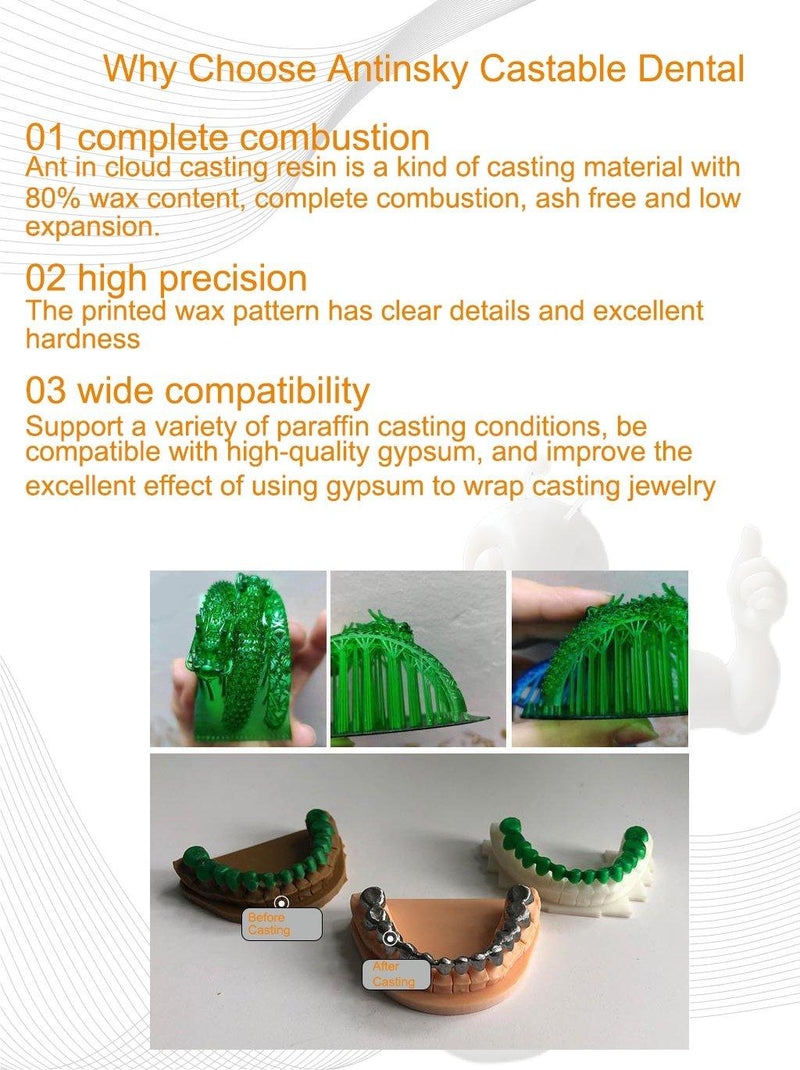 Antinsky Castable Dental resin for DLP LCD resin 3d printer 405nm 0.5kg - Antinsky3d