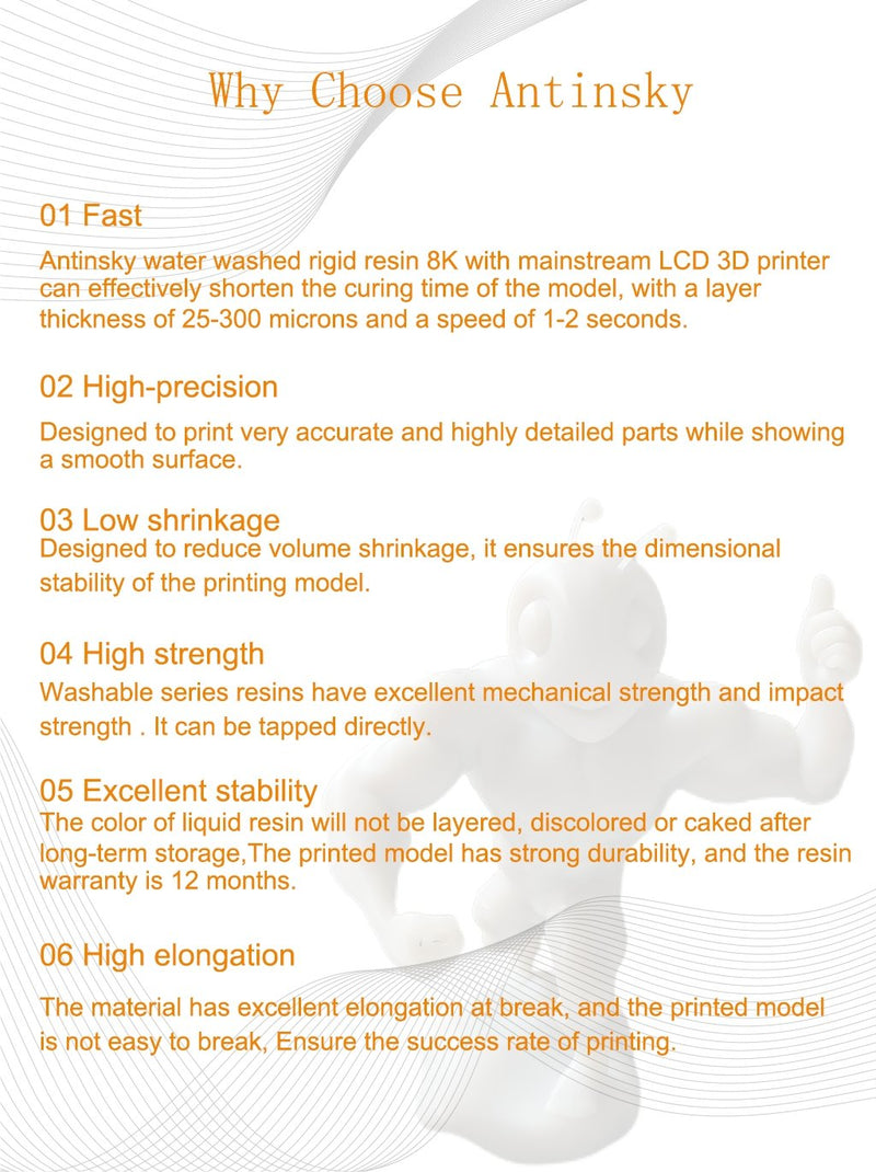 Antinsky Washable Rigid 8k resin for DLP LCD resin 3d printer 405nm 1kg High precision and low shrinkage - Antinsky3d