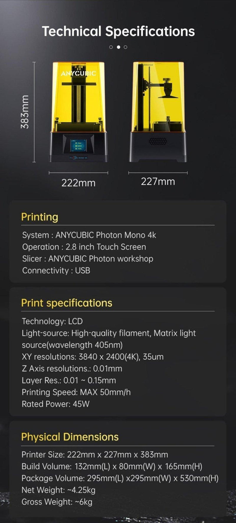 ANYCUBIC photon Mono 4K resin printer 132*80*165 3d printing machine impresora 3d with LCD 3d printer - Antinsky3d