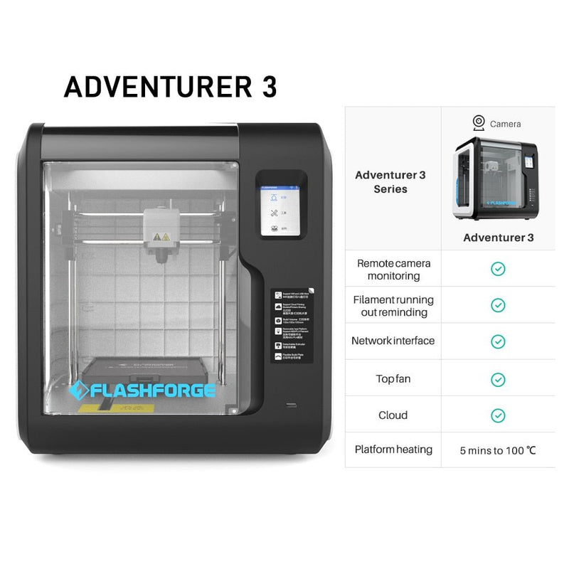 Flashforge 3D Printer Adventurer 3 Auto Leveling 140*140*140mm Quick Removable Nozzle High Precision Built-in WiFi HD Camera Suit for Beginner - Antinsky3d
