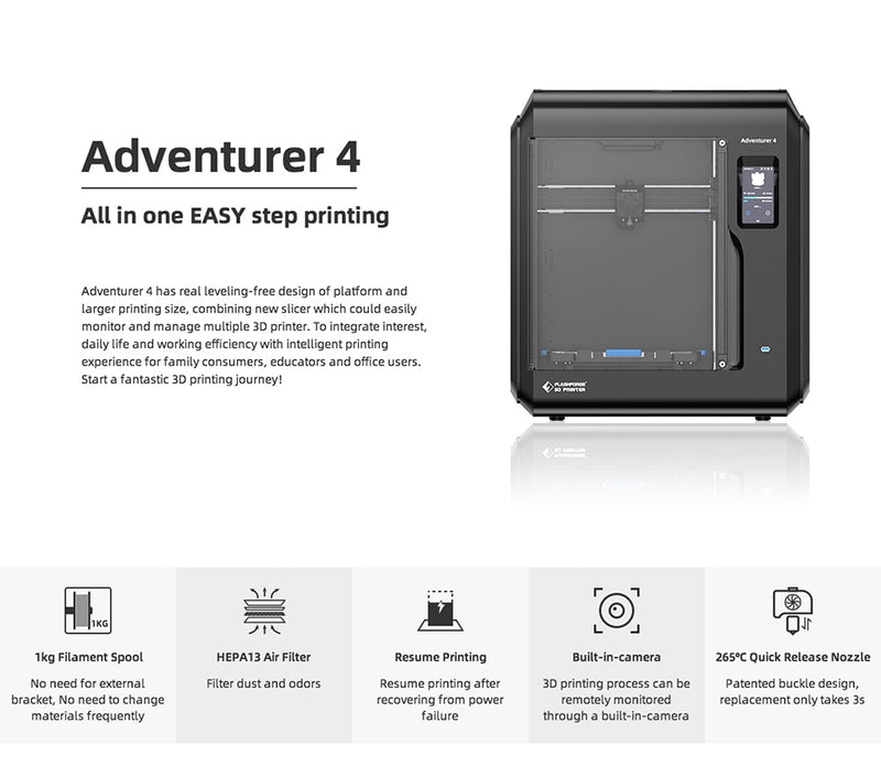 Flashforge New 3d Printer Adventurer 4 with Camera Self Leveling High Temp Flexible Heating Bed High Precision freeshipping - Antinsky3d
